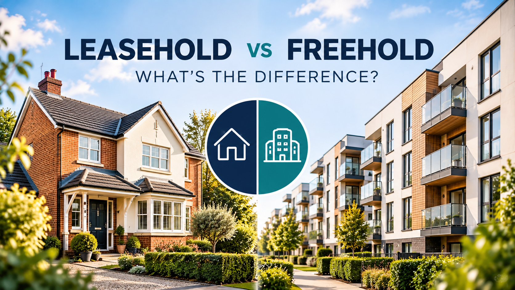 Leasehold vs freehold comparison graphic with house and apartment building icons over residential homes