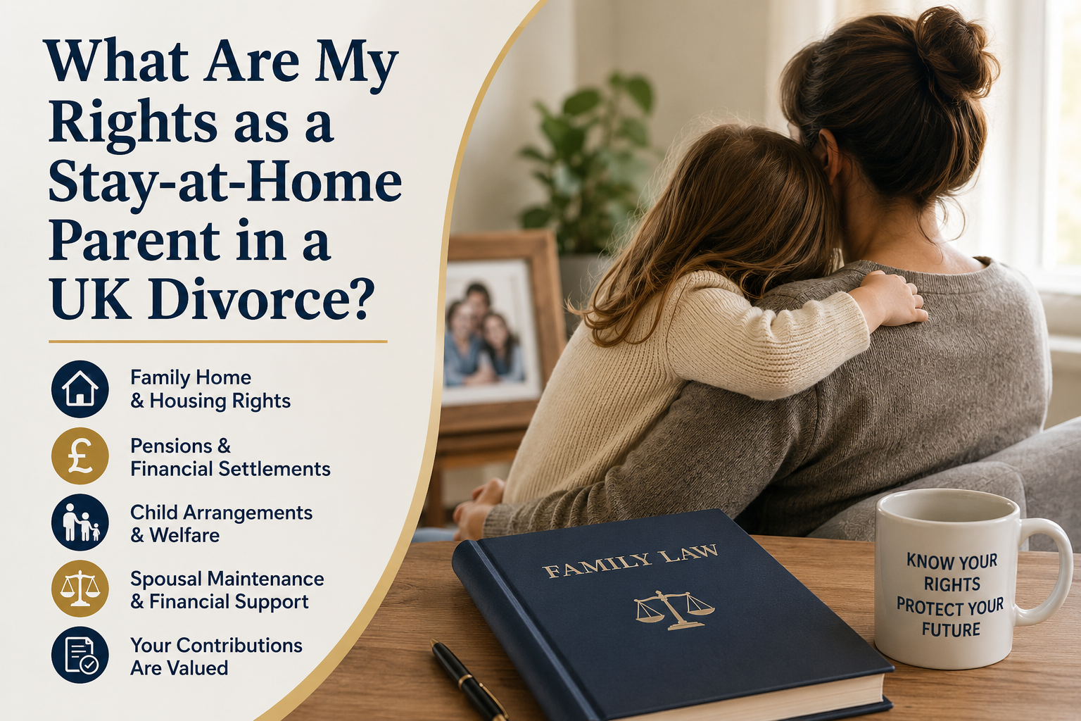 Stay-at-home parent support graphic with woman hugging child, family law books, and divorce rights text.