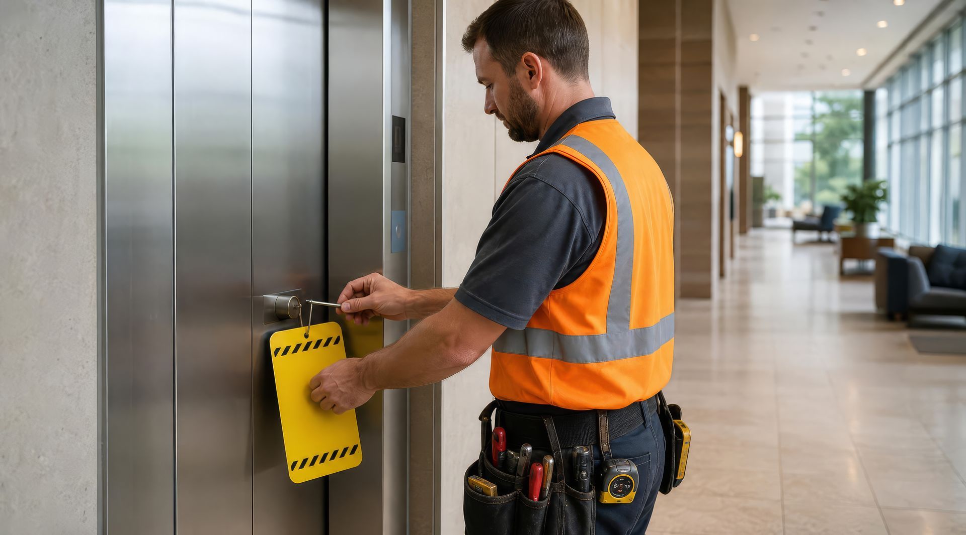 Male repairman with tool belt hangs caution sign during an urgent elevator maintenance service.