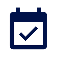 Dark blue calendar icon with a check mark inside