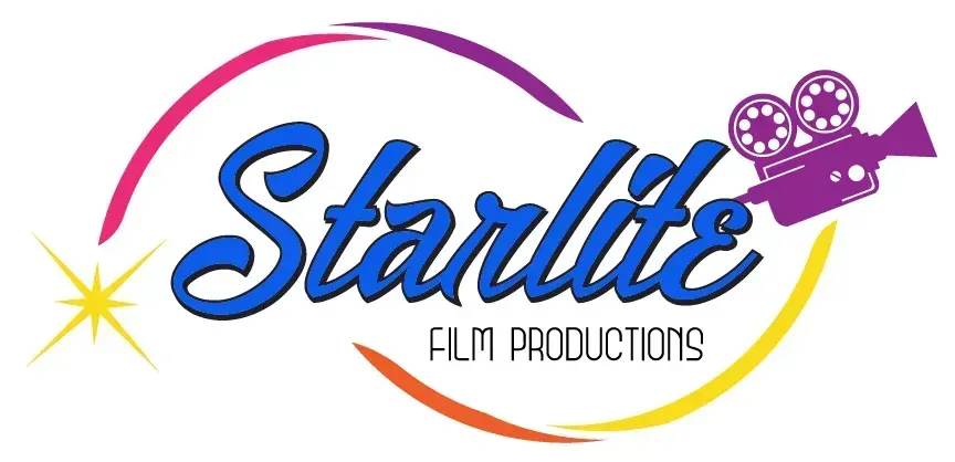 Starlite Film Productions logo with blue script text, yellow sparkle, and purple film camera on a white background
