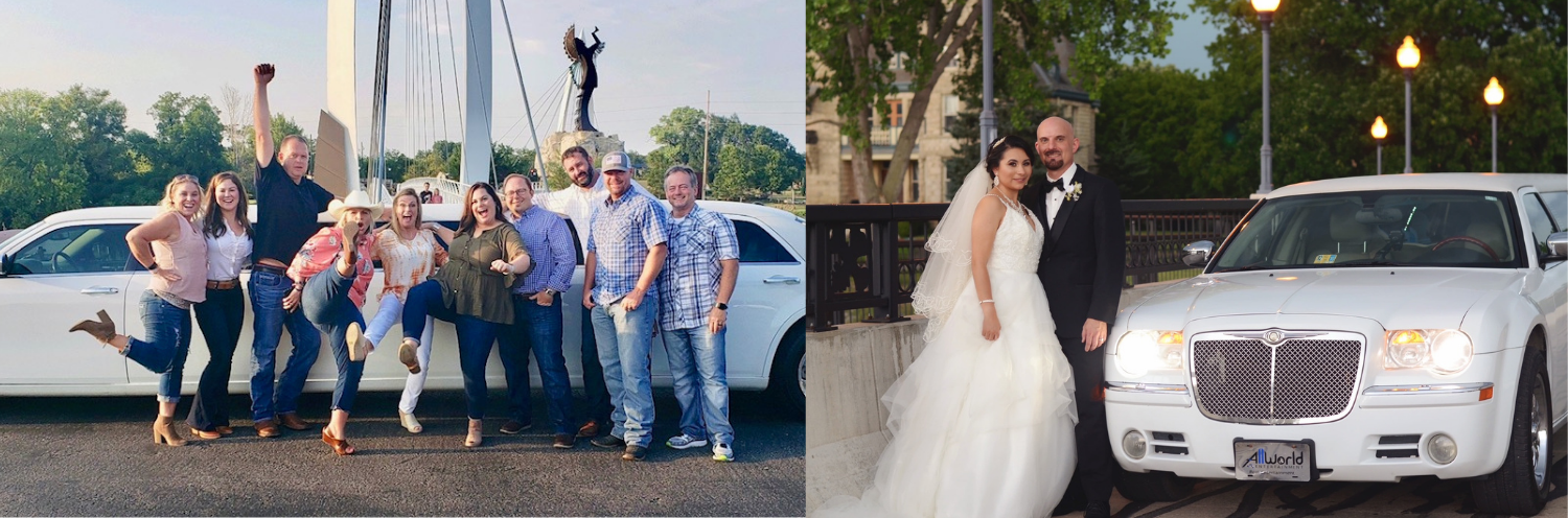 Wedding party posing outdoors beside a white limousine, with the bride and groom in front of the car