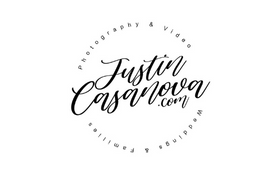 Black-and-white circular logo with the name “Justin Cassanova.com” in script text.