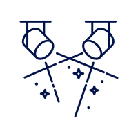 Two hanging spotlights with crossed beams and sparkle effects in dark blue on white
