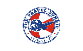 The Travel Junkie logo with a blue airplane and red circular border, Wichita, KS