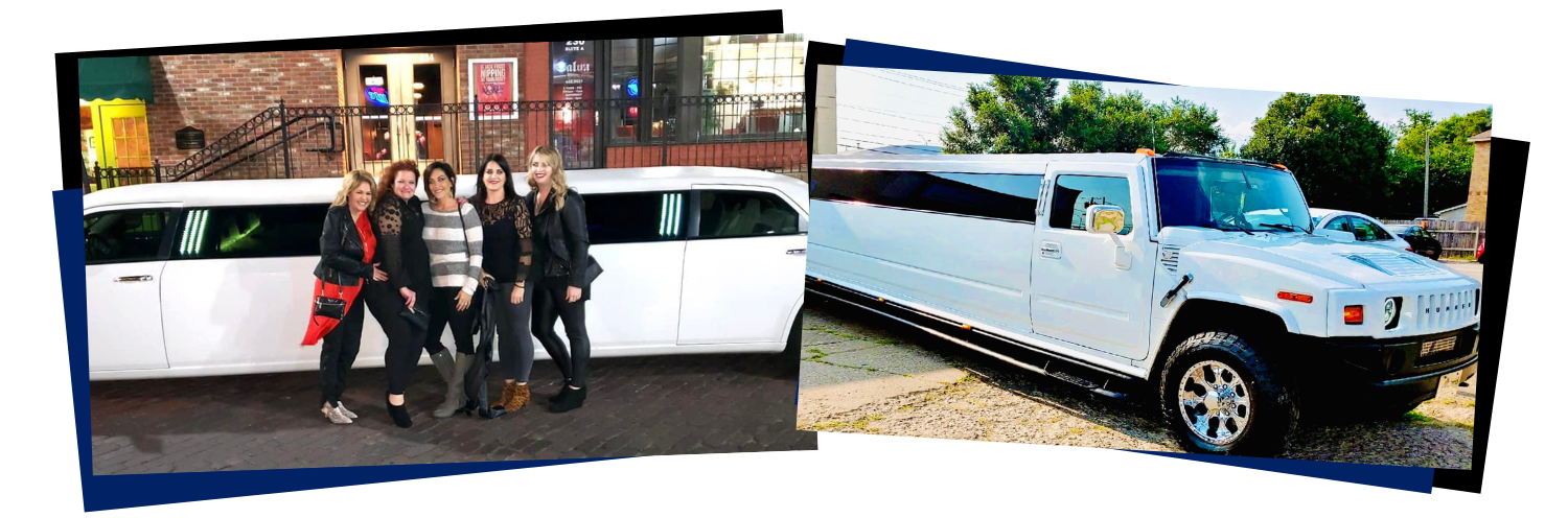 Split image of a white stretch limousine with people posing beside it and a second view of the limo outdoors