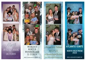 Collage of five prom photos with themed event titles and dates on pastel backgrounds