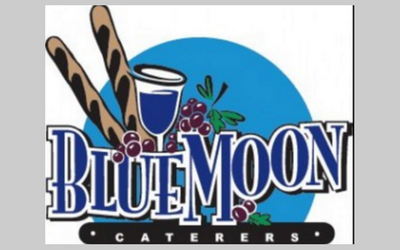 Blue Moon Cafe & Brewers logo with pretzel sticks, grapes, and a beer glass on a blue circle