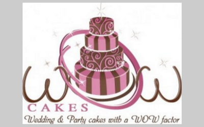 Pink and brown cake logo with the word 