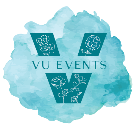 VU Events logo on a teal watercolor splash with white floral line art icons