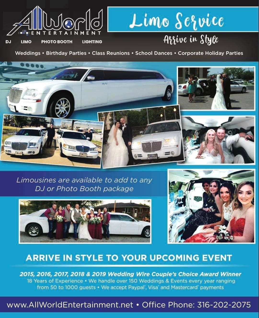 All World Limo Service ad with white stretch limousine and wedding party photos, “Arrive in style” text