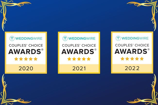 Three WeddingWire Couples’ Choice Awards plaques for 2020, 2021, and 2022 on a blue background with gold corners
