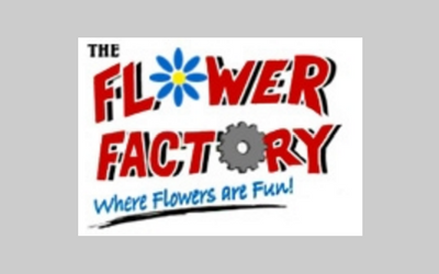 The Flower Factory logo with colorful flower icon and the slogan “Where Flowers are Fun!”
