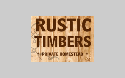 Rustic Timbers logo with brown text on a tan wood-textured background, reading “Private Homestead”