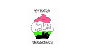 Stylized graphic of a pink cupcake with white swirls and black silhouette base on a white background