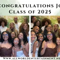 Congratulations message for Class of 2025 above a group photo collage with website text at the bottom