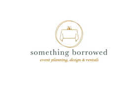 Logo for “something borrowed,” with gold line-art table in a circle and tagline “event planning, design & rentals”