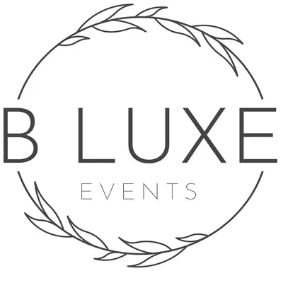 B Luxe Events logo in black and gray with a circular leafy wreath design
