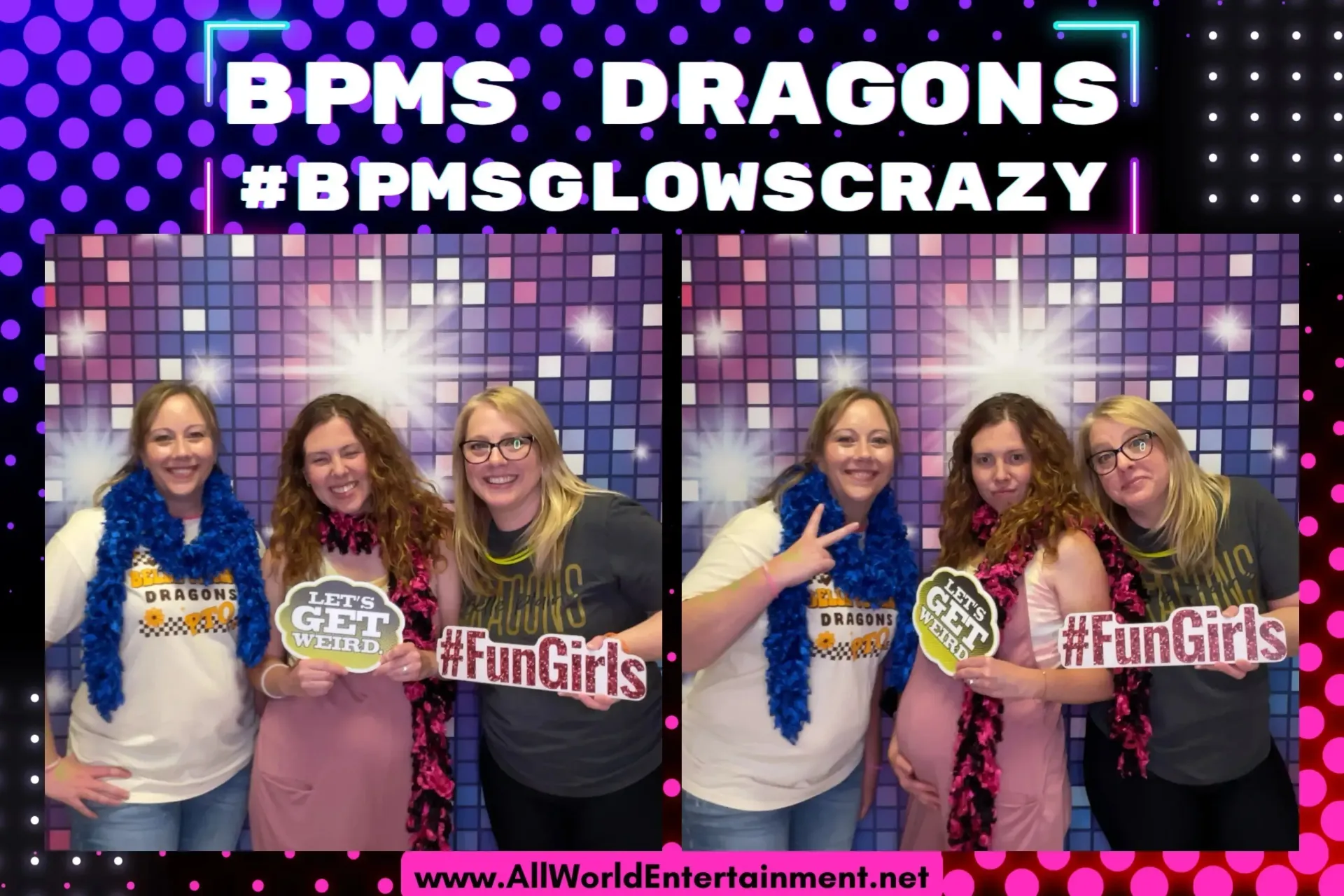 Three women posing in front of a glittery purple backdrop with “BPMS DRAGONS” and “#FunGirls” text.
