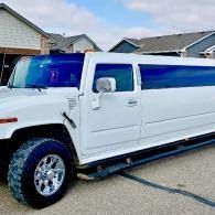 White stretched limousine parked in a suburban driveway, with blue-tinted windows and chrome wheels.