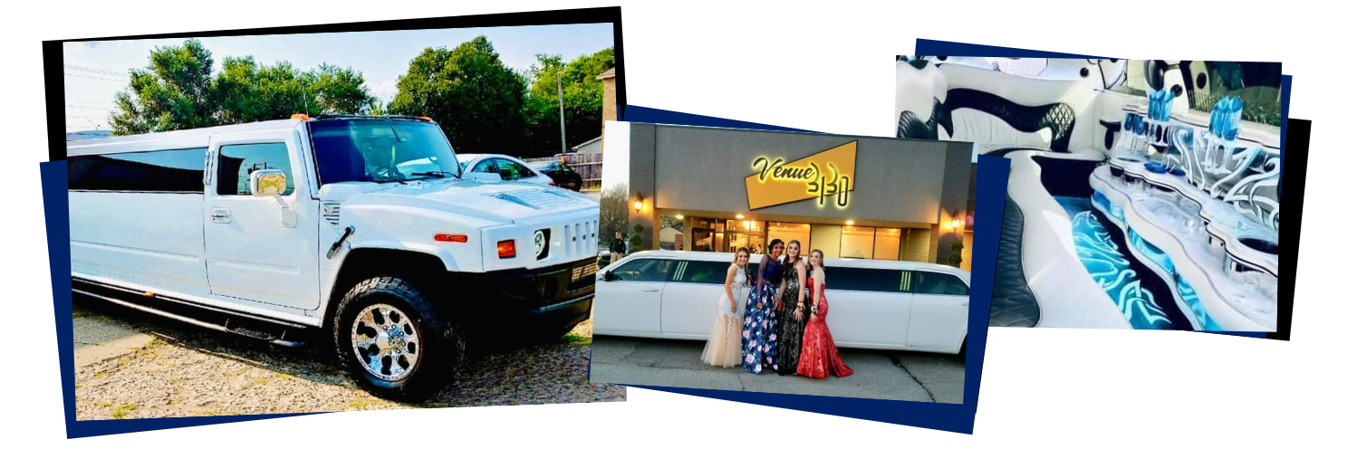 White stretch limousine collage showing exterior, interior bar, and seating area