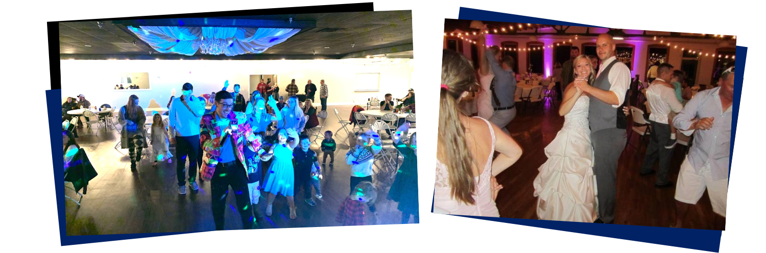 Two event photos: people dancing under blue lights and a bride dancing at a reception