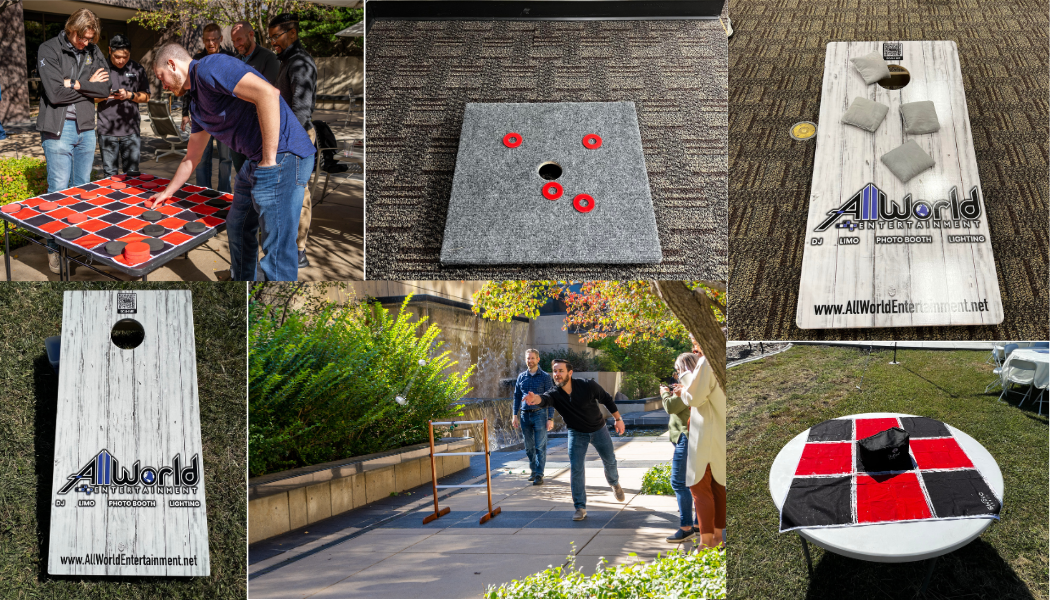 Collage pictures of outdoor games like cornhole and checkers