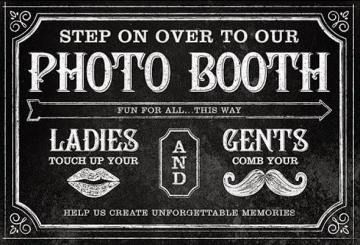 Vintage black-and-white “Photo Booth” sign with “Ladies” and “Gents” directions and decorative border.