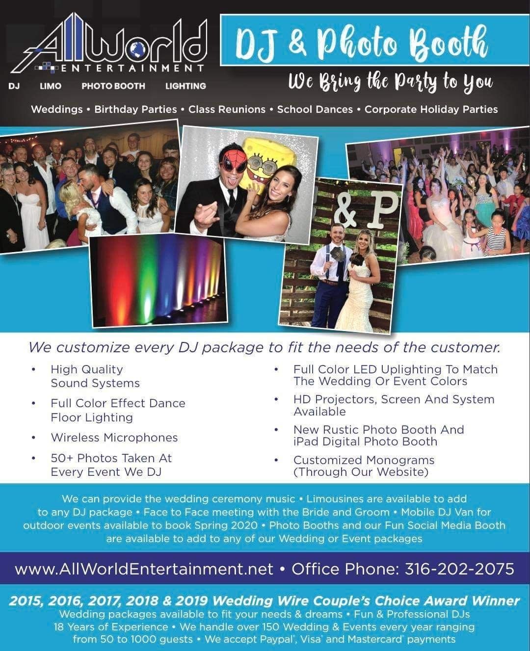 Allworld DJ & Photo Booth event flyer with collage photos and blue-purple banner
