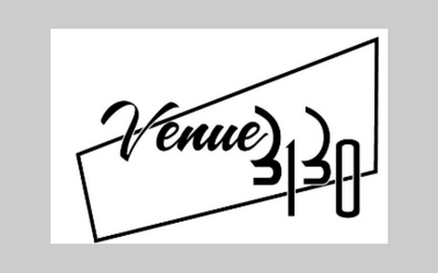 Stylized black “Venue 3130” logo with abstract geometric lines and Arabic-style text