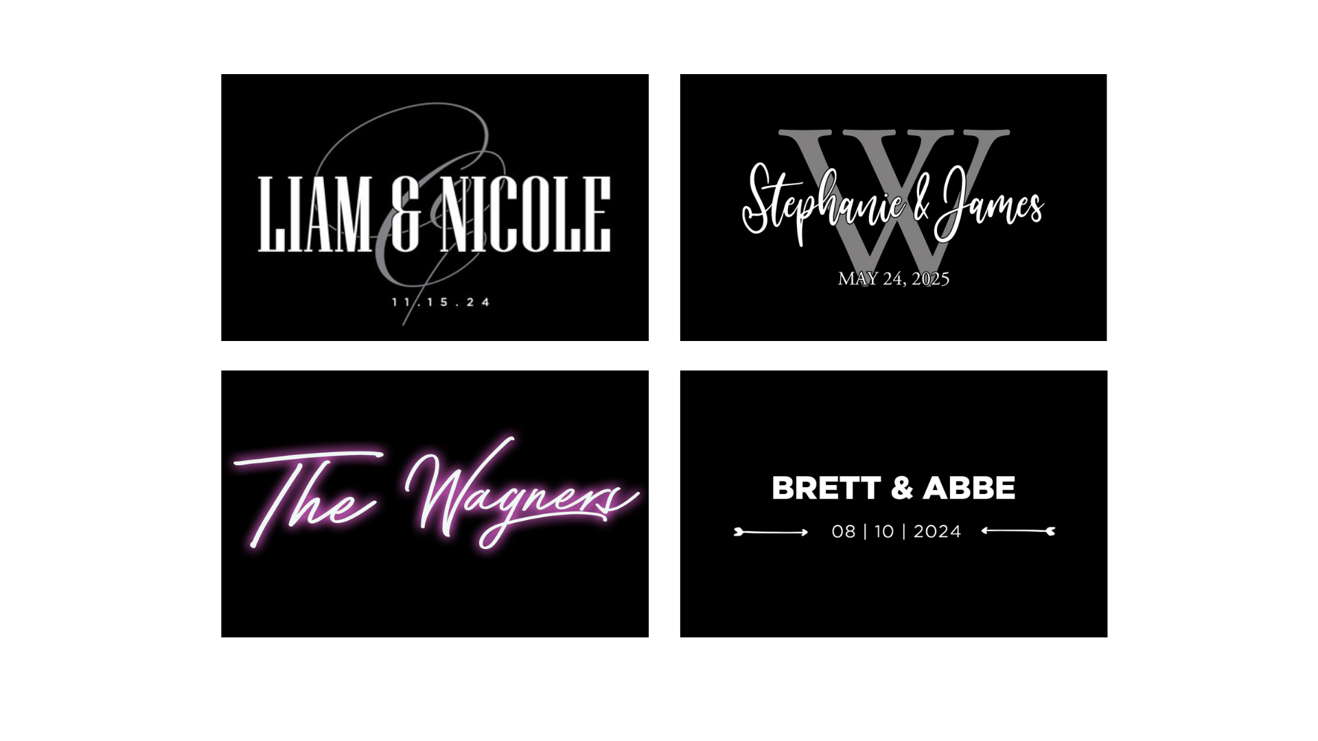 Four black invitation designs with white and pink script names in a 2x2 grid