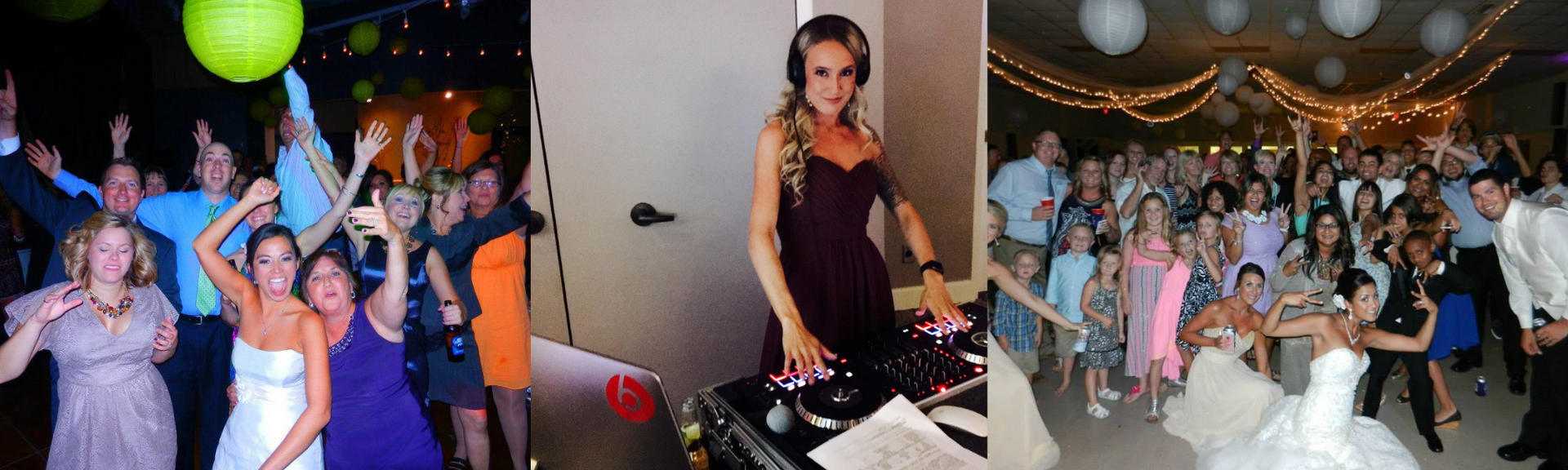 Three party photos: people dancing under balloons, a woman at a DJ table, and a decorated wedding reception