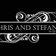 Black-and-white decorative wedding banner reading “CHRIS AND STEFAN” with ornate swirls