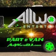 Logo for Allworld Entertainment and part of thevanworld.com, with green text on a black background and colorful light trails