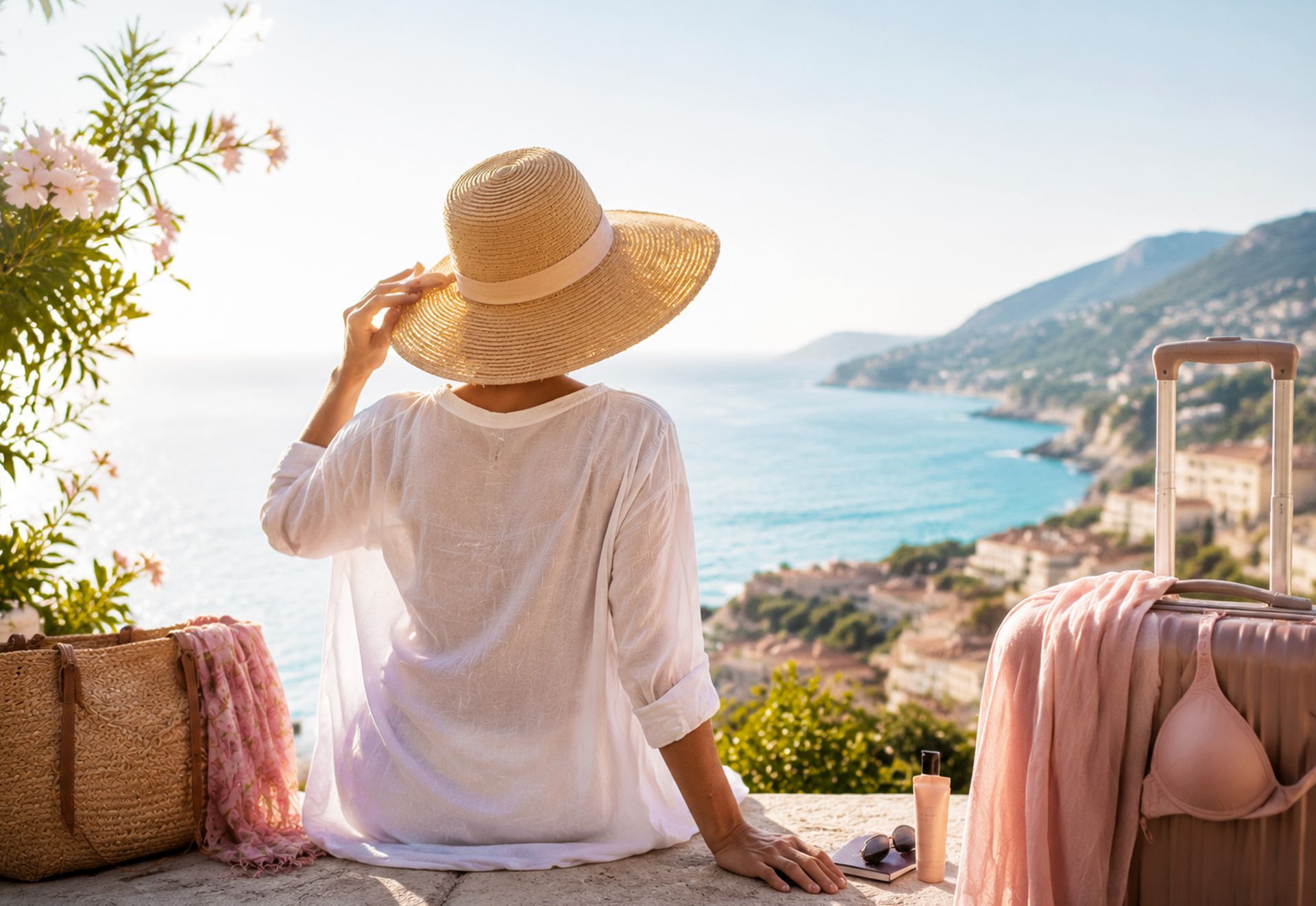 Femme en vacances au bord de la mer après un cancer du sein, ambiance estivale et sereine.
