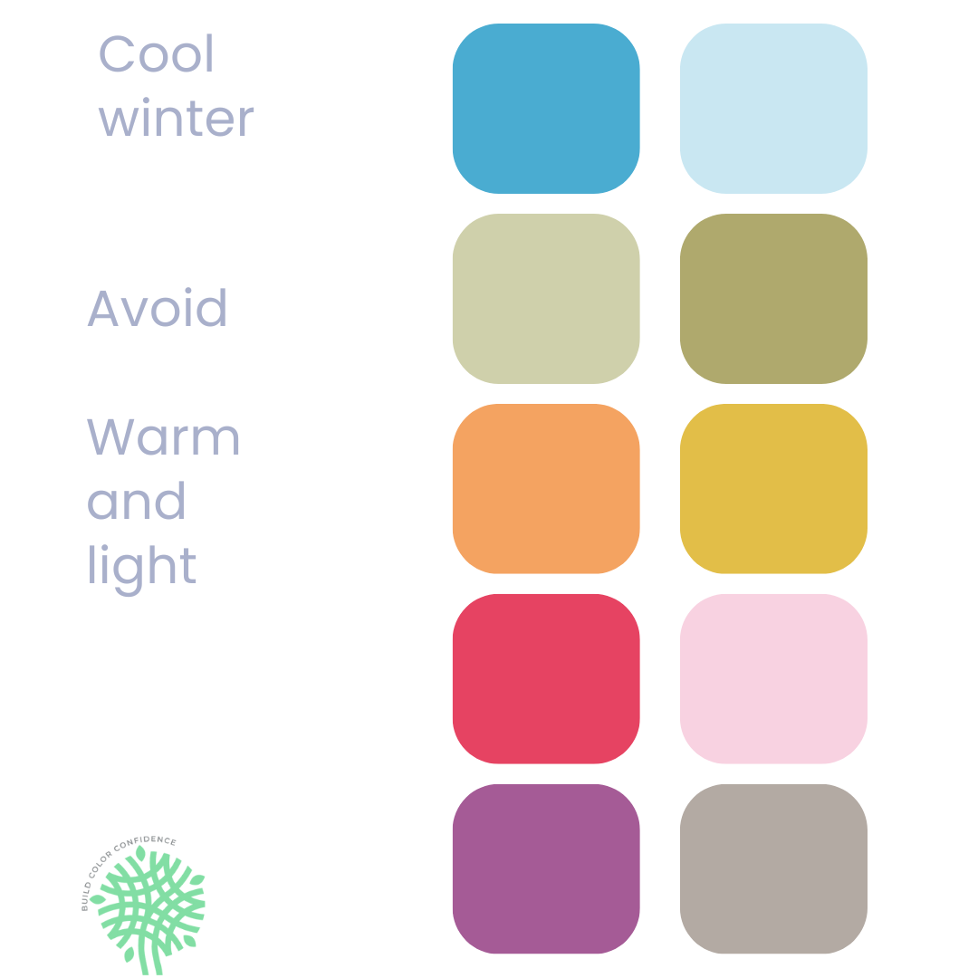 A palette of colors for cool winter , avoid warm and light.
