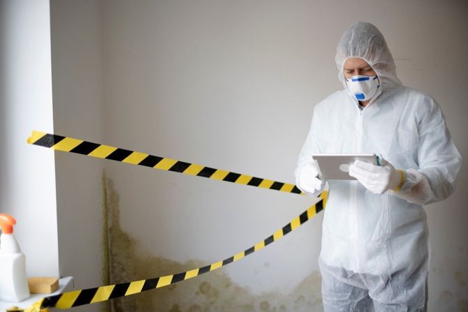 Technician in white protective suit inspecting mold-damaged wall behind caution tape