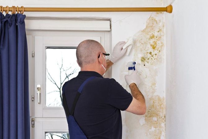 Person inspecting and peeling damaged wallpaper in a room near a window and blue curtain