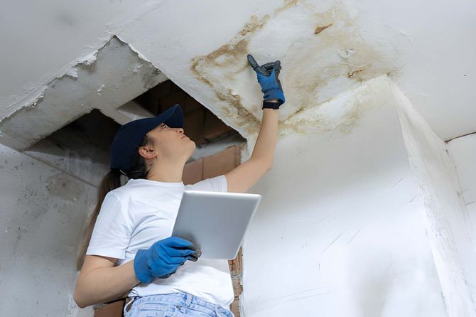 Worker inspecting ceiling damage while holding a clipboard and using a tool on a damaged ceiling opening