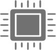 Grey icon of a square computer chip with pins around the edges.