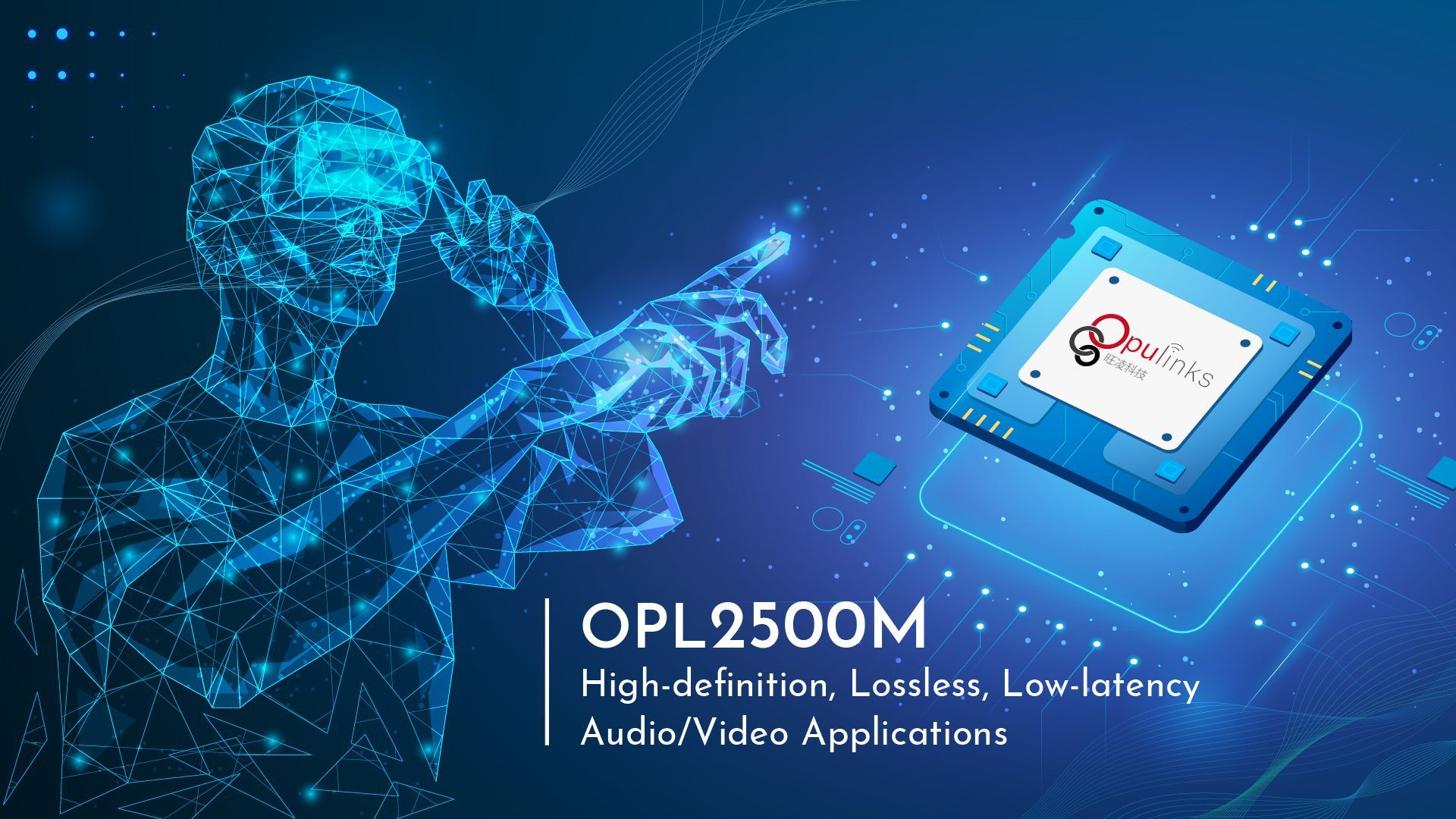 Blue graphic: Hologram figure with VR headset interacting with a chip labeled 