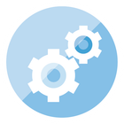 Two white gears interlocked in a blue circle, representing settings or configuration.