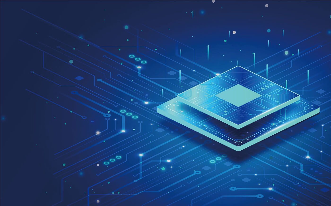 Blue digital illustration of a layered chip or circuit board, with glowing lines and dots.