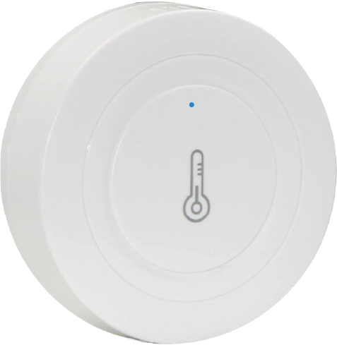 White, round, smart home temperature sensor with a thermometer icon and blue light.