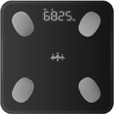 Black digital scale displaying 68.25 kg. Features four foot pads, a family icon, and a digital display.