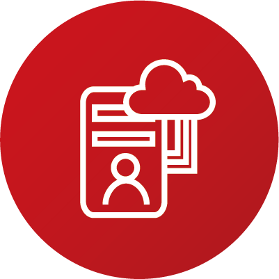 White outline of a person and documents with a cloud symbol on a red circle.