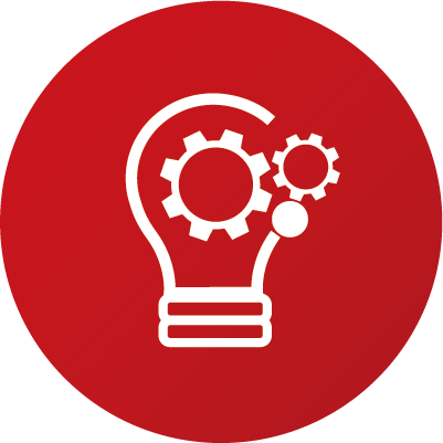 White lightbulb with gears, on a red background.