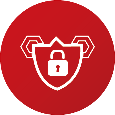 White security shield with lock and hexagon shapes on a red background.