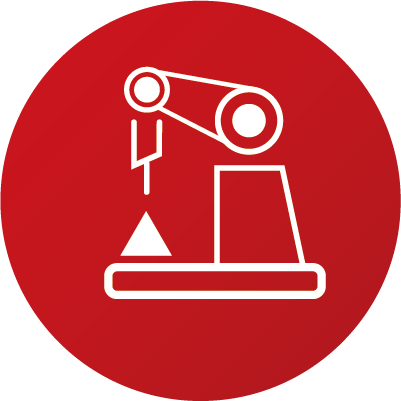 Robotic arm in white on a red background, possibly industrial automation or manufacturing.