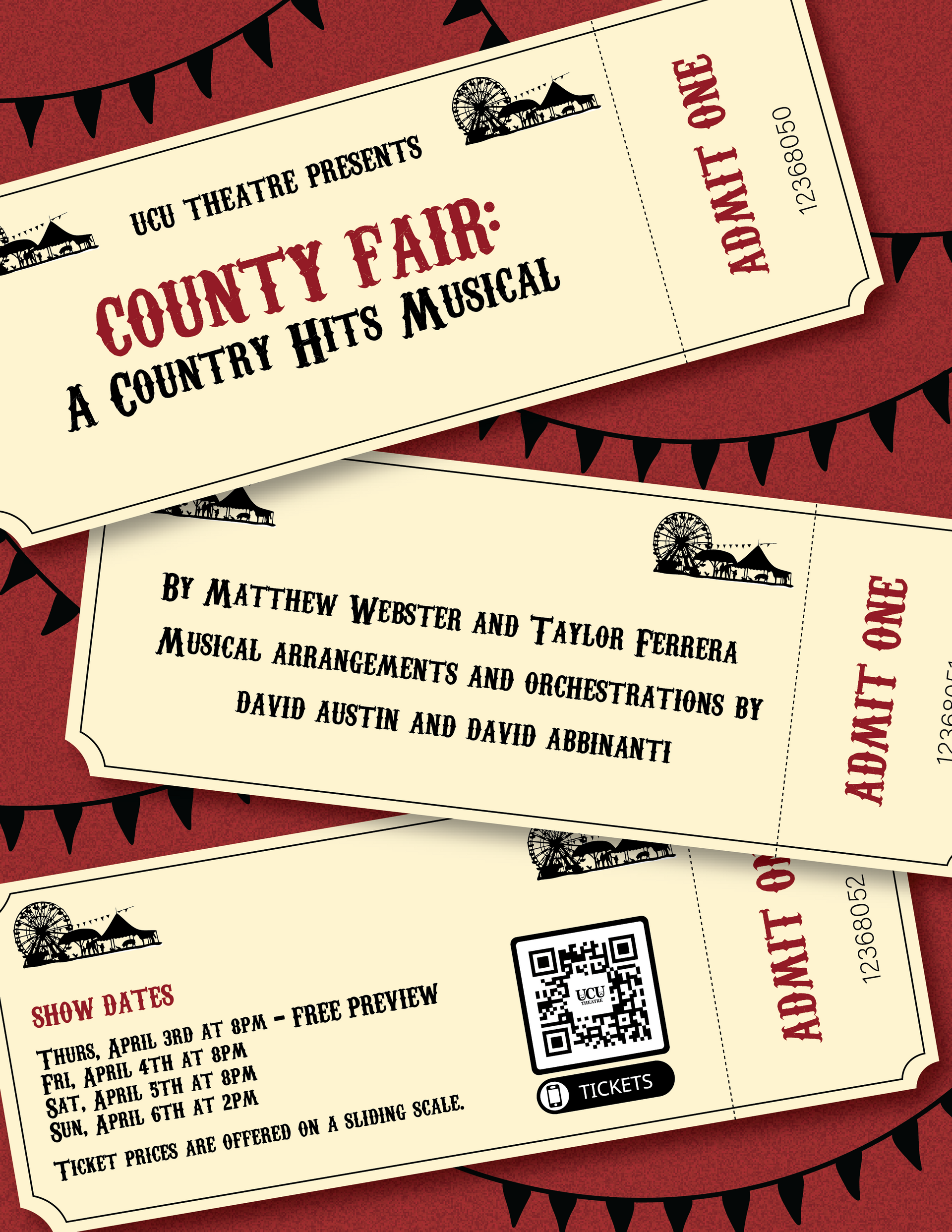 A poster for County Fair: A Country Hits Musical which includes information like show dates and author information on tickets.